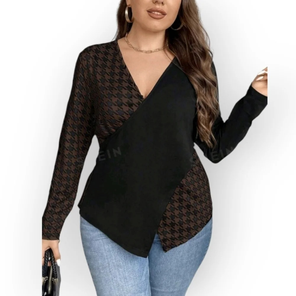 New Shein Curve Women's Houndstooth Cross Wrap Asymmetrical Top 3XL